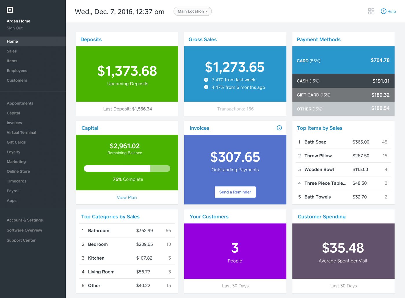 Square software interface screenshot