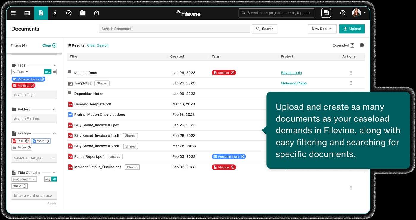 Filevine software interface screenshot