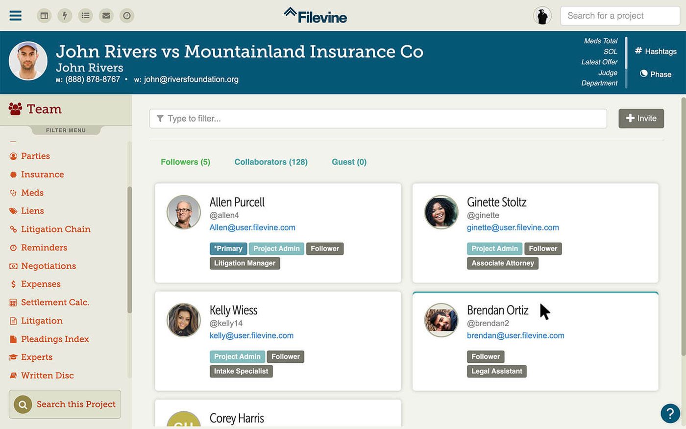 Filevine software interface screenshot