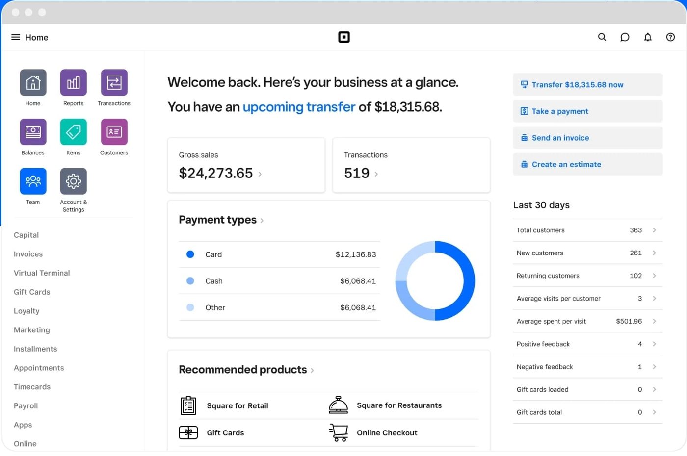 Square software interface screenshot